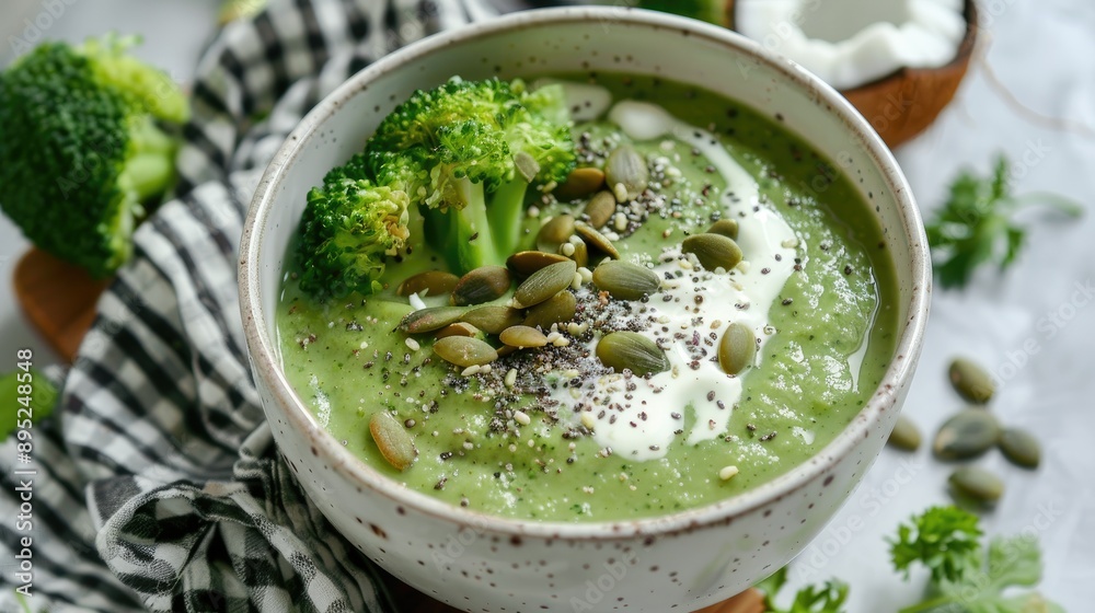 Plant based broccoli soup with coconut cream and pumpkin seeds in a white bowl Plant based broccoli soup with coconut cream and pumpkin seeds in a white bowl