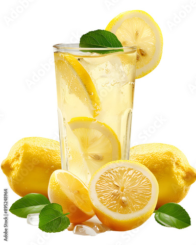 glass of lemonade with  lemon isolated on transparent background, PNG