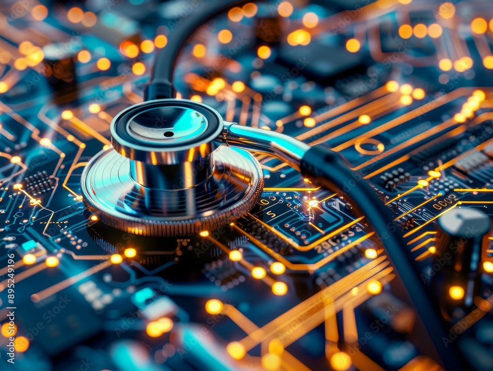 Semiconductor pathways in stethoscope tubing to cpu symbolizing information flow and diagnostics Semiconductor pathways in stethoscope tubing to cpu symbolizing information flow and diagnostics