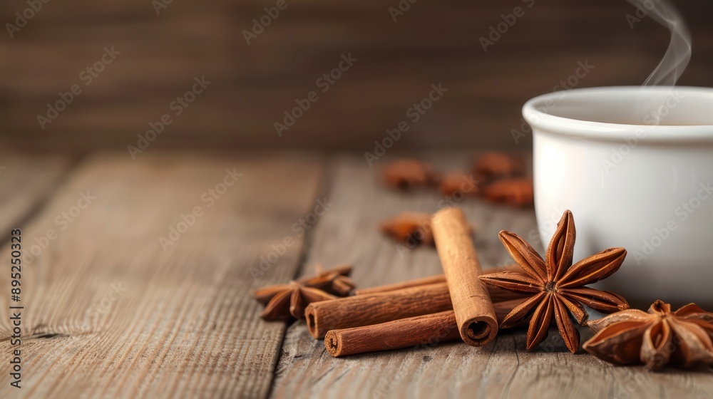 A white cup with cinnamon sticks and star anise on a wooden table. The cup is filled with hot liquid, and the spices are scattered around it. Concept of warmth and comfort, as the spices