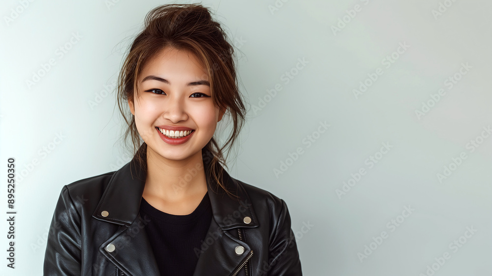 A cheerful young woman with tousled hair and wearing a black leather jacket smiles warmly against a plain, light-colored backdrop - Generative AI A cheerful young woman with tousled hair and wearing a black leather jacket smiles warmly against a plain, light-colored backdrop - Generative AI