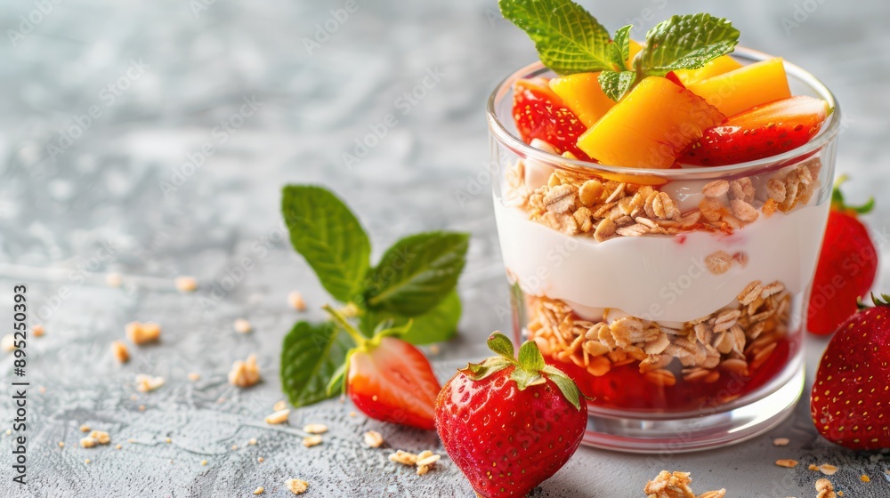 A glass of fruit salad with strawberries, blueberries, and granola. The strawberries are cut in half and the blueberries are whole. The glass is filled with a creamy white yogurt A glass of fruit salad with strawberries, blueberries, and granola. The strawberries are cut in half and the blueberries are whole. The glass is filled with a creamy white yogurt