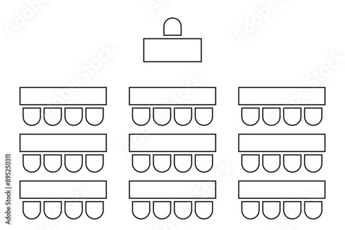 Auditorium seatings plan. Classroom seats arrangment. Schema of furniture in lectorium, meeting or conference, training or seminar business event. Desks and chairs icons top view. Vector illustration