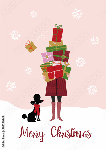 沢山のクリスマスプレゼントを抱えた女性のイラスト
