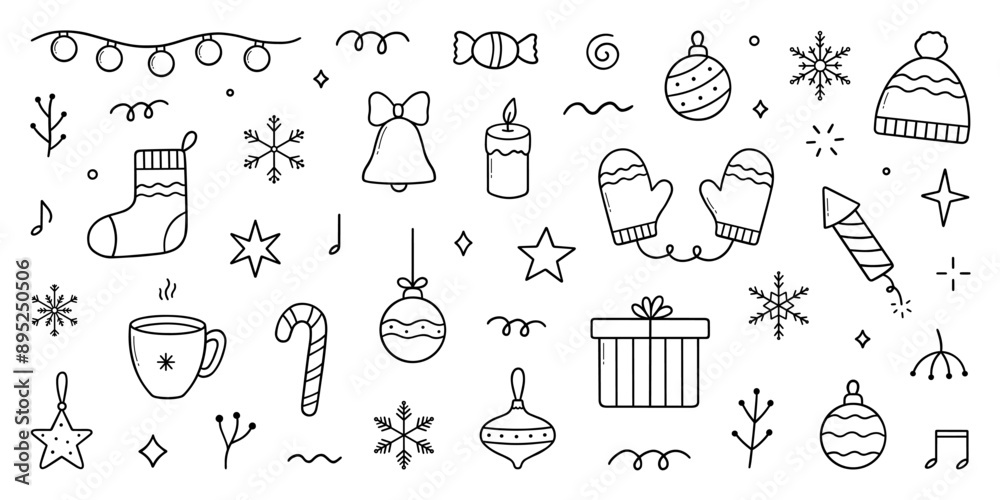 Christmas and New Year doodle icons. Snowflakes, Christmas balls, gift box, winter branches in sketch style. Hand drawn vector illustration isolated on white background 