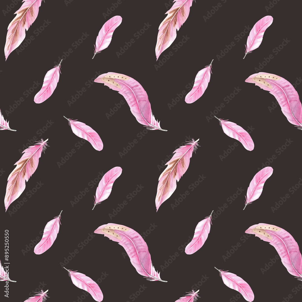 Seamless Pattern of pink Feathers. Watercolor Illustration on a black Background. Hand drawn. Can be used for fabric, textile and packaging prints. Seamless Pattern of pink Feathers. Watercolor Illustration on a black Background. Hand drawn. Can be used for fabric, textile and packaging prints.