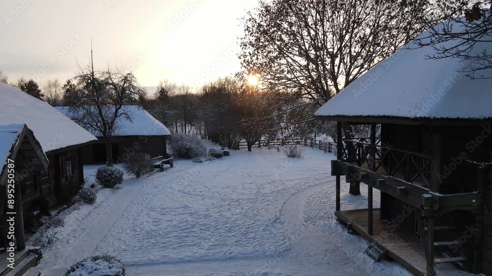 sunrise dawn in winter in an old Eastern European village. sunrise dawn in winter in an old Eastern European village.