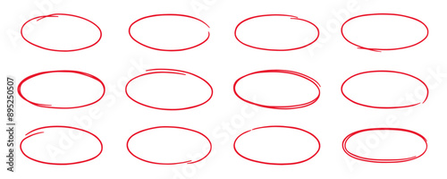 Red circle highlight, pen ovals doodle. Marker ellipses frames in sketch style. Hand drawn vector illustration isolated on white background