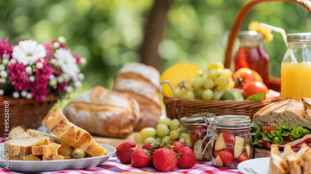 A picnic table is covered with a variety of food, including sandwiches, fruit, and bread. The table is set up for a picnic, and the atmosphere is relaxed and inviting A picnic table is covered with a variety of food, including sandwiches, fruit, and bread. The table is set up for a picnic, and the atmosphere is relaxed and inviting