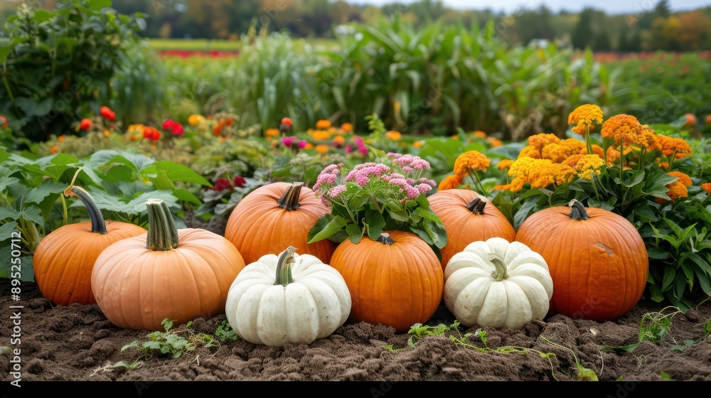 A row of pumpkins and flowers are displayed in a garden. The pumpkins are orange and white, and the flowers are pink and orange. The scene is bright and cheerful, with the colors of the pumpkins A row of pumpkins and flowers are displayed in a garden. The pumpkins are orange and white, and the flowers are pink and orange. The scene is bright and cheerful, with the colors of the pumpkins