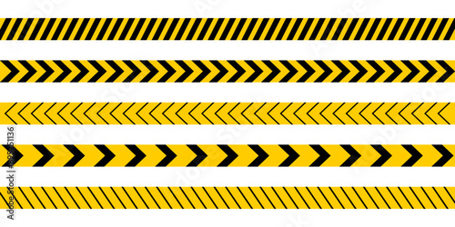 Set of caution tapes with black and yellow diagonal slashes or chevron print. Warning borders in construction work zone or crime scene. Danger, attention or forbidden signs. Vector flat illustration.