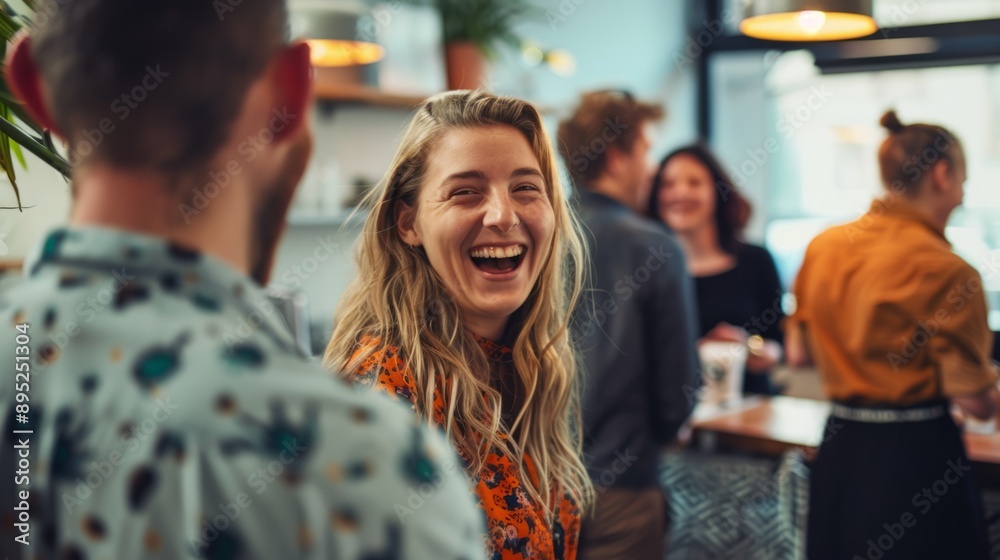 Obraz premium person laughing with a group of colleagues in the rest area generative ai