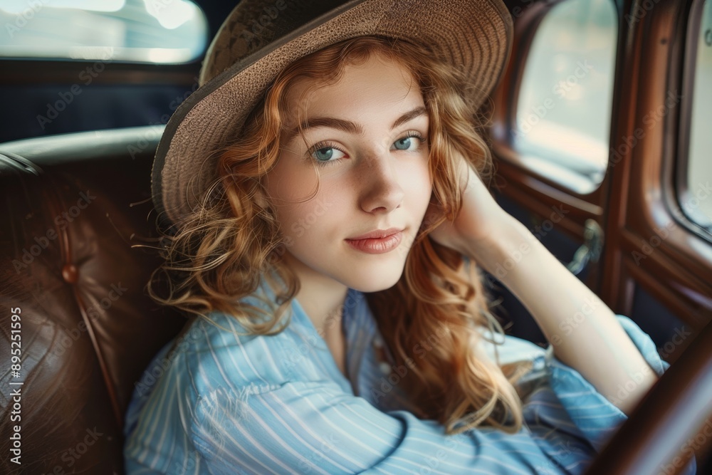 A dreamy portrait of a young woman with wavy hair and striking eyes, wearing a hat and blue shirt in a vintage car. A dreamy portrait of a young woman with wavy hair and striking eyes, wearing a hat and blue shirt in a vintage car.