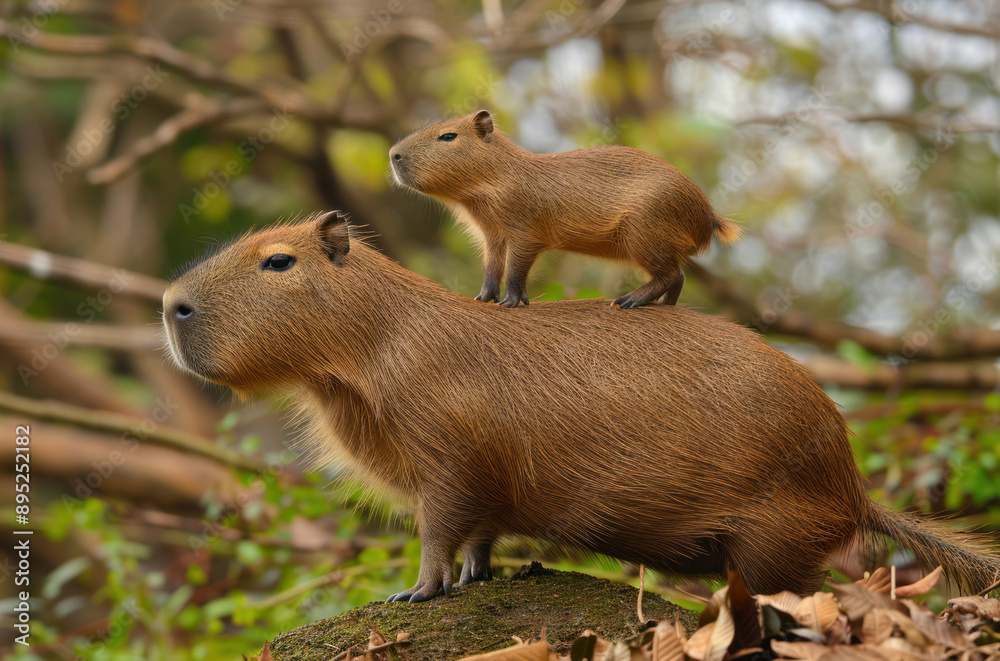 Little capybara on it's mother back. Stacking capybaras.