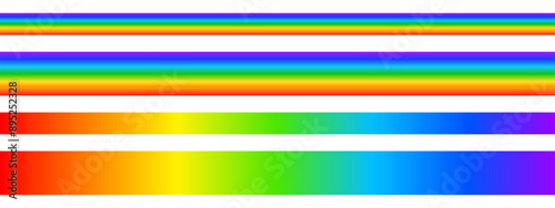 Visible light spectrum lines. Sunlight ultraviolet colors. Multicolored wavelengths. Borders with colorful rainbow print isolated on white background. Vector illustration.