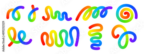 Set of rainbow-colored curvy lines. Multicolored squiggles, spirals and loops in trendy spline style. Organic doodle figures with gradient effect isolated on white background. Vector illustration.
