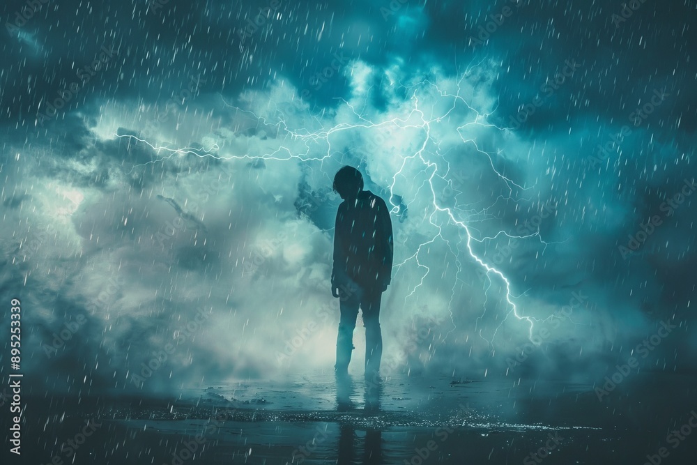 Symbolic portrayal of emotional turmoil in heartbreak person in storm with rain and lightning Symbolic portrayal of emotional turmoil in heartbreak person in storm with rain and lightning