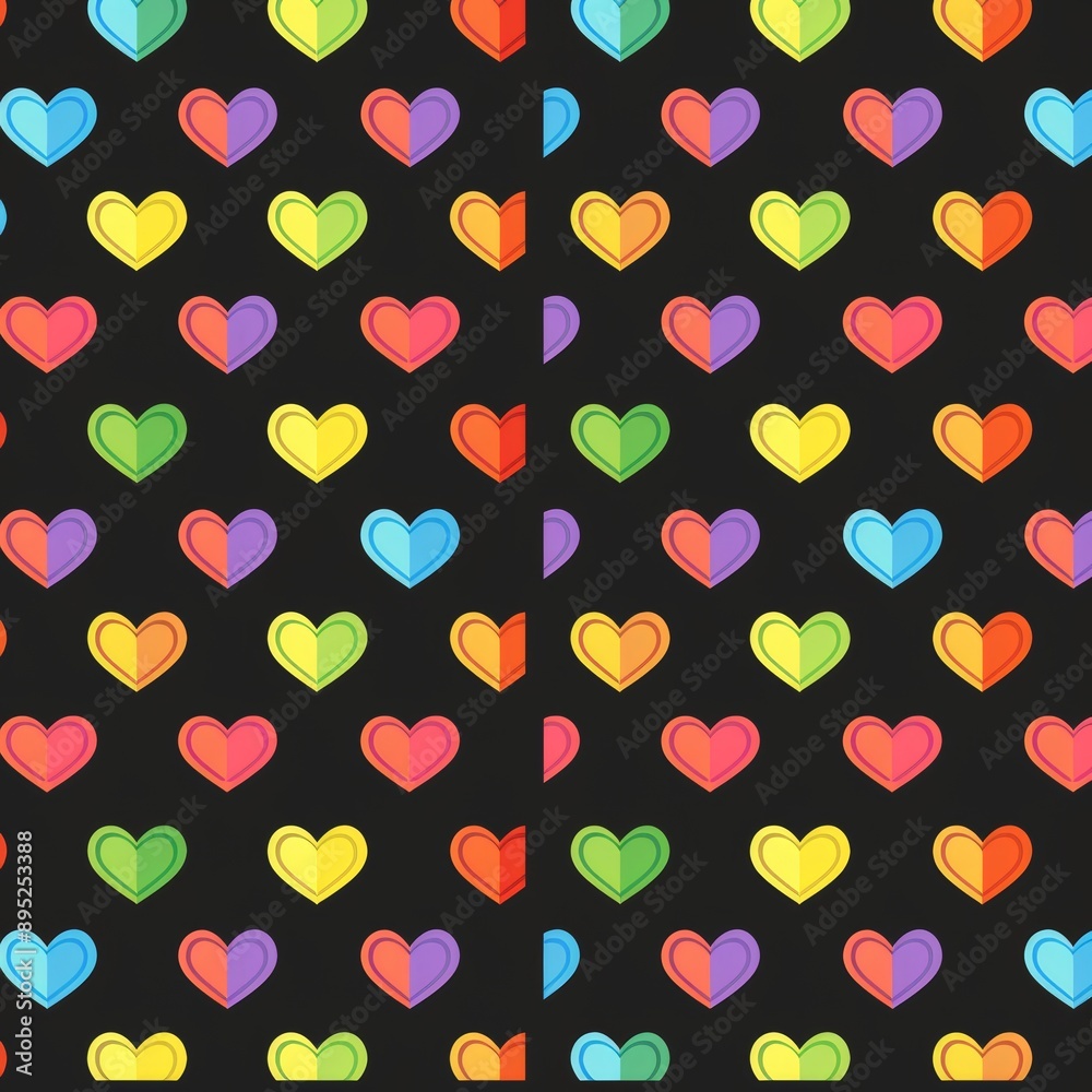 This seamless pattern features bright rainbow-colored hearts on black This seamless pattern features bright rainbow-colored hearts on black