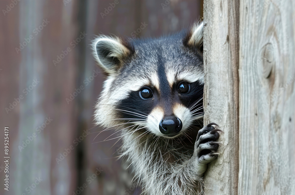 Сute raccoon peeks out from around the corner close-up Сute raccoon peeks out from around the corner close-up