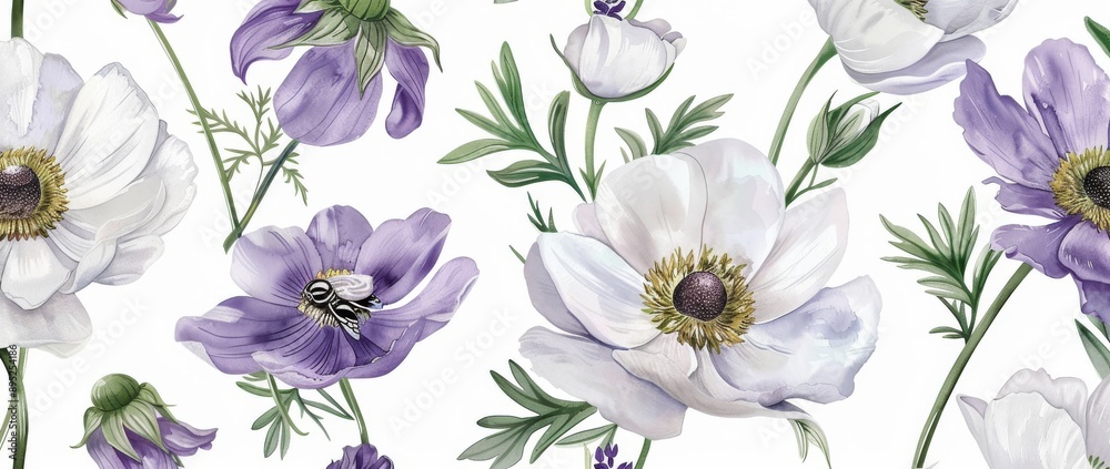 Fototapeta premium A beautiful watercolor floral horizontal seamless pattern with anemones, lavender flowers, and dragonflies. Stock image.