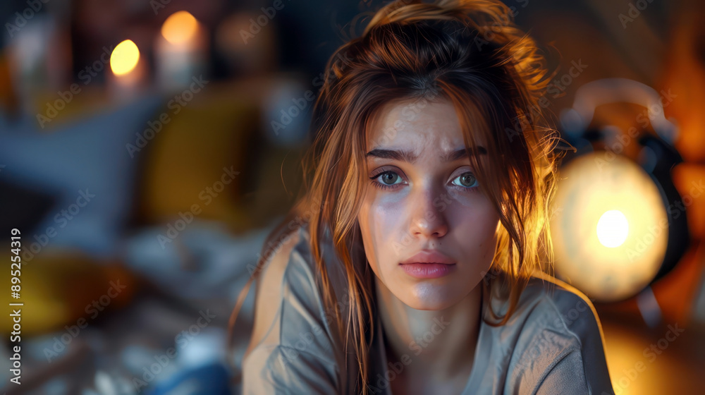 A young woman with a frustrated expression, hitting the snooze button on her alarm clock, clearly having overslept A young woman with a frustrated expression, hitting the snooze button on her alarm clock, clearly having overslept