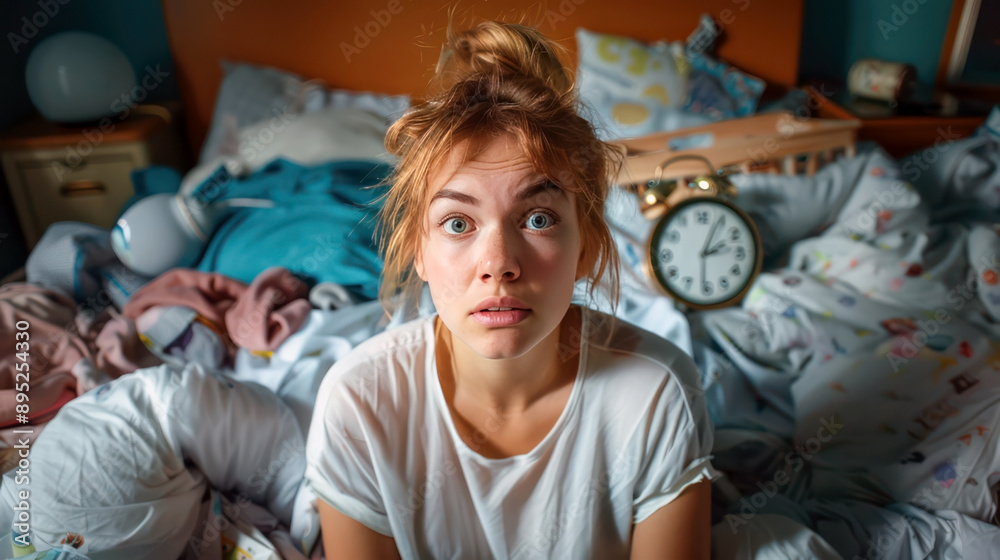 Obraz premium A young woman in a messy bedroom, glancing at her alarm clock with a horrified expression as she realizes she overslept