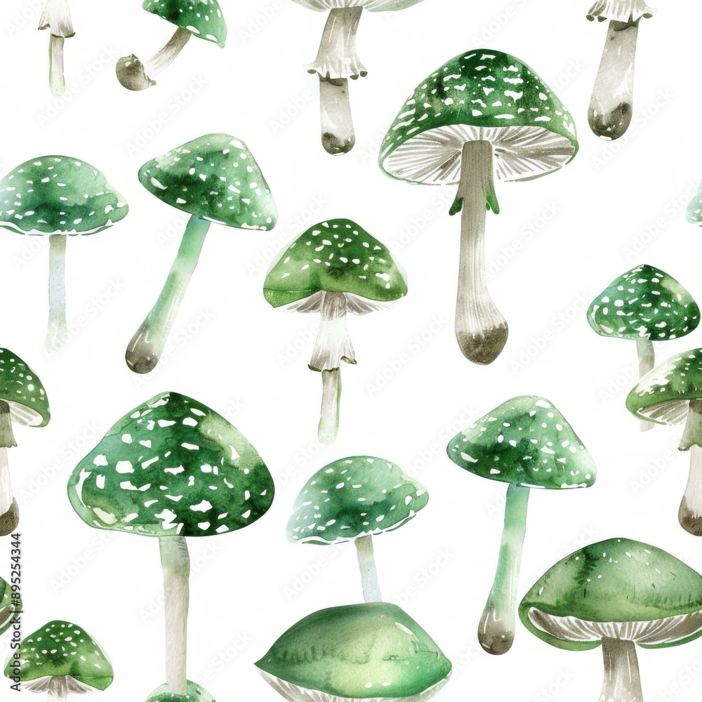 Watercolor green mushrooms seamless repeating pattern, minimal pattern, high contrasty Watercolor green mushrooms seamless repeating pattern, minimal pattern, high contrasty
