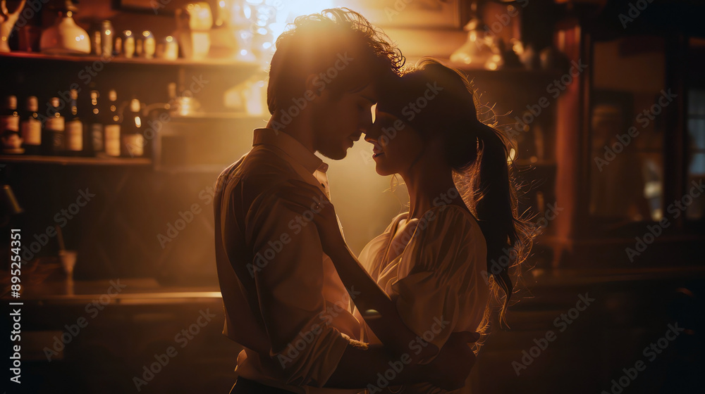 A man and a woman dancing closely in a dimly lit room, with hands on each other's waist, showing physical closeness and passion A man and a woman dancing closely in a dimly lit room, with hands on each other's waist, showing physical closeness and passion