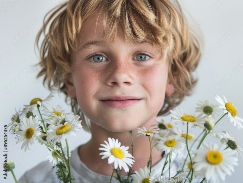 A young boy holds a bouquet of daisies in front of his face, a playful gesture A young boy holds a bouquet of daisies in front of his face, a playful gesture