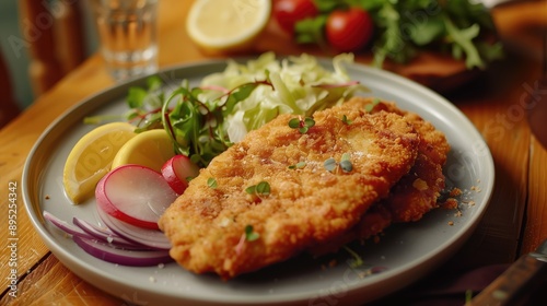 Crispy Pork Schnitzel With Salad and Lemon Wedges on a Grey Plate