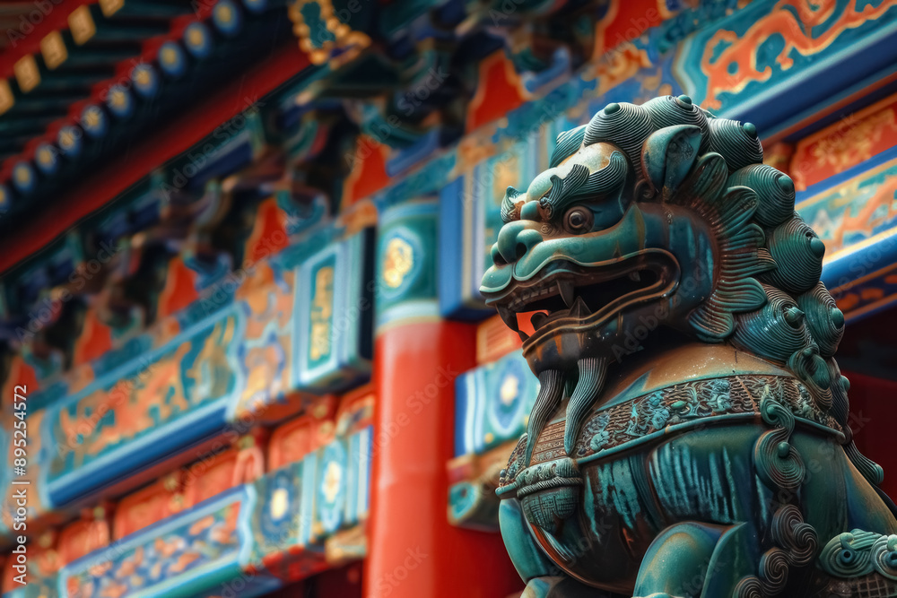 Fototapeta premium vibrant traditional chinese guardian lion statue against ornate temple background