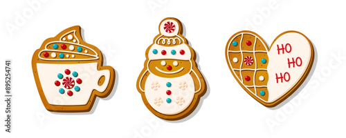 Christmas Gingerbread Cookies. Winter sweet homemade biscuits in different shapes isolated on white background. Xmas cartoon vector illustration