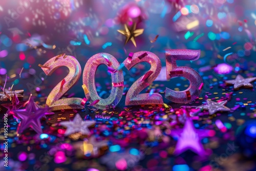 Feel the excitement of the vibrant New Year Celebration 2025 starting with colorful confetti and sparkles, ushering in a joyful atmosphere as the countdown to the new year commences photo