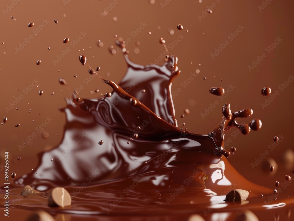 A splash of chocolate on top of freshly brewed coffee beans, ideal for a morning pick-me-up or as a decorative accent A splash of chocolate on top of freshly brewed coffee beans, ideal for a morning pick-me-up or as a decorative accent