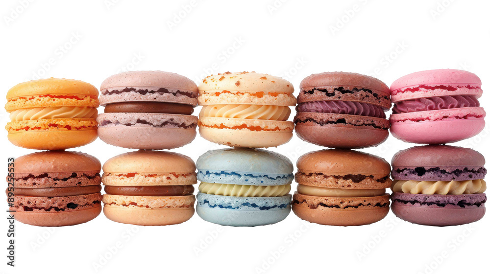 Fototapeta premium Ten Colorful Macarons Arranged in a Row on a White Background