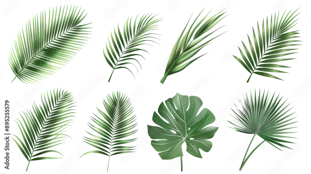 Collection of Eight Tropical Green Palm Leaves Isolated on White Background