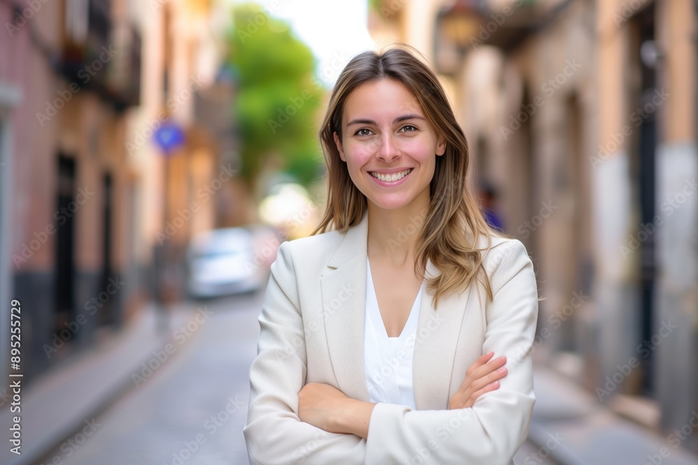 Young happy pretty smiling professional business woman, happy confident positive female entrepreneur standing outdoor on street arms crossed, looking at camera, Young happy pretty smiling professional business woman, happy confident positive female entrepreneur standing outdoor on street arms crossed, looking at camera,