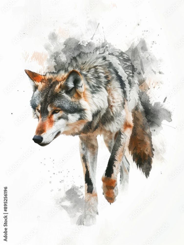 Fototapeta A wolf's face painted with watercolors on a pure white background