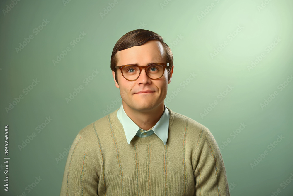 Man Wearing Glasses and Light Green Sweater with Subtle Smile Against Mint Green Background in Studio Man Wearing Glasses and Light Green Sweater with Subtle Smile Against Mint Green Background in Studio