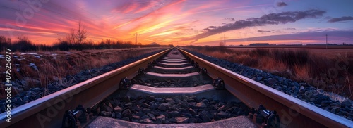 Railway Track at Sunset Showing a Long Journey. photo