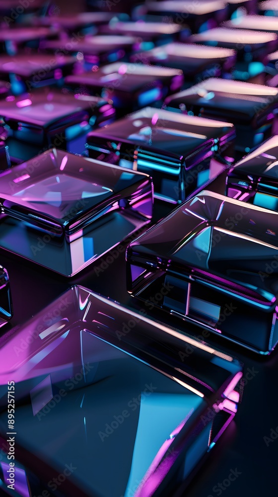 Bright, colorful glass cubes in a futuristic black setting Bright, colorful glass cubes in a futuristic black setting