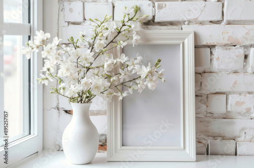 White flower bouquet in a vase on a light background. Blank frame for mockup. White mockup frame. Wedding decoration
