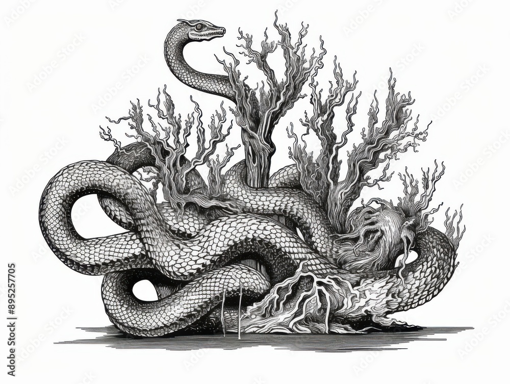 Obraz premium Black and white Vintage engraved art of a hydra isolated on white background, ink sketch illustration, simple vector art design, highly detailed line art, high contrasty 