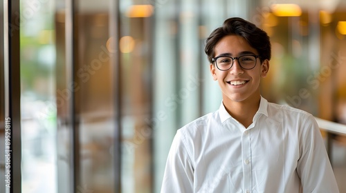 happy Young Latino Businessman in Glassy Office