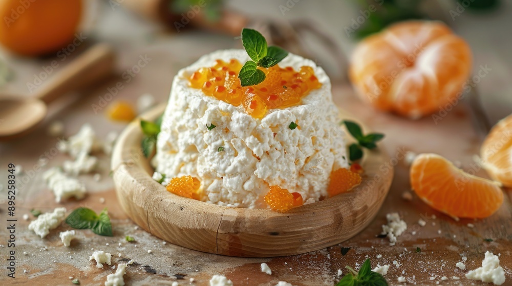 A wooden bowl filled with cheese and oranges, perfect for snack or decoration A wooden bowl filled with cheese and oranges, perfect for snack or decoration