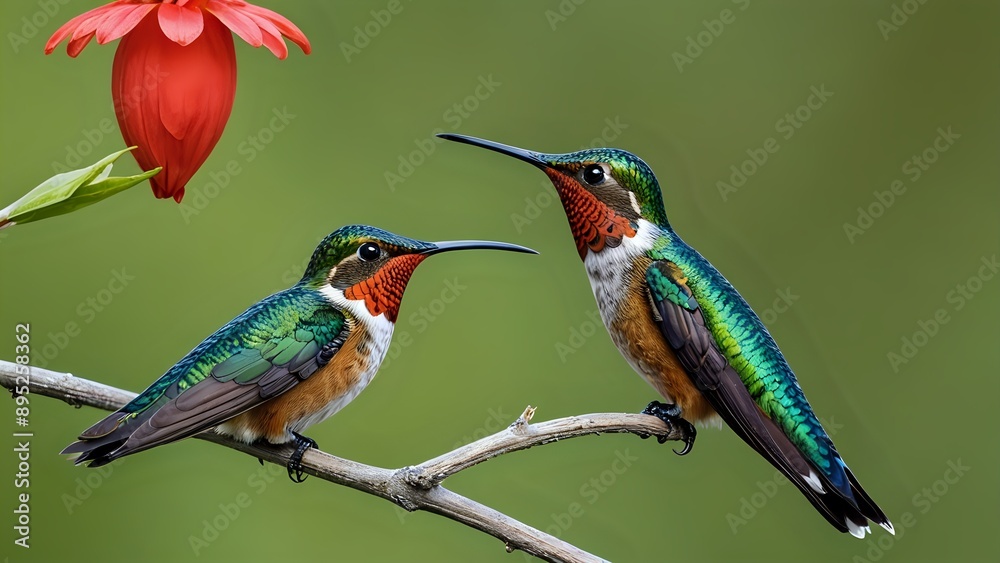 Fototapeta premium Two hummingbirds perched on a branch with a red flower in the background.