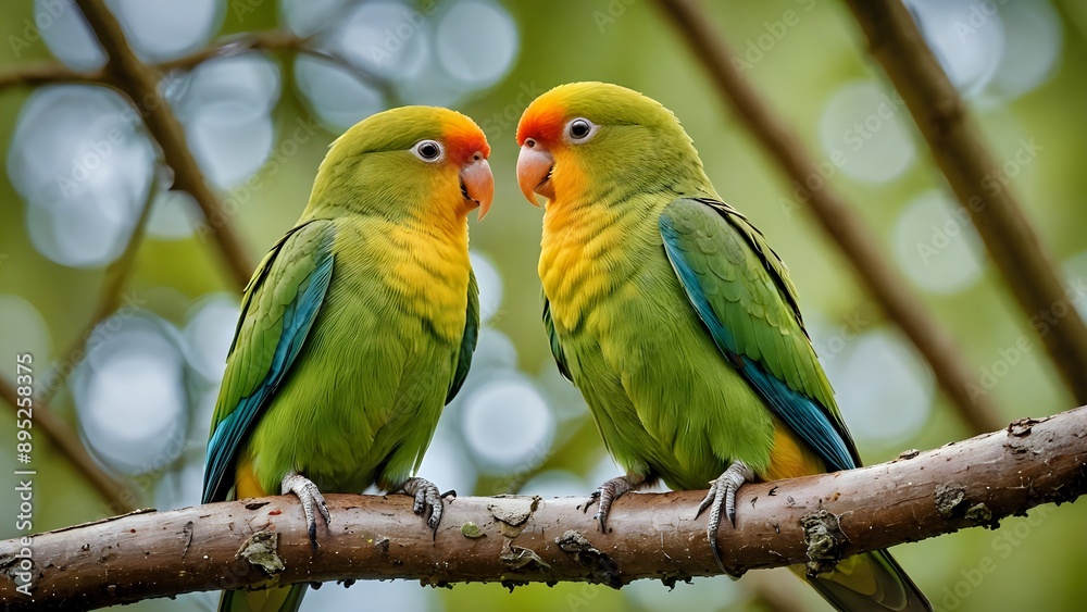 Obraz premium Two lovebirds perched on a branch, looking at each other.