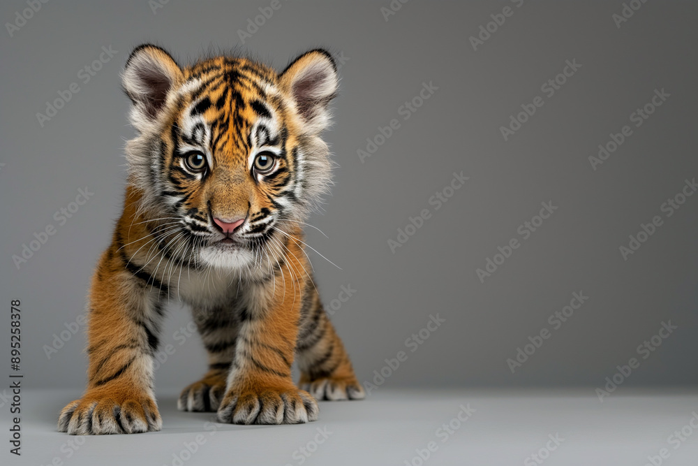 Full shot of baby tiger looking at the camera on a gray studio background Full shot of baby tiger looking at the camera on a gray studio background