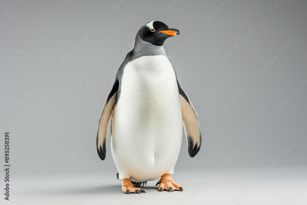Fototapeta premium Full shot of adult subantarctic gentoo penguin Pygoscelis papua in studio on gray background
