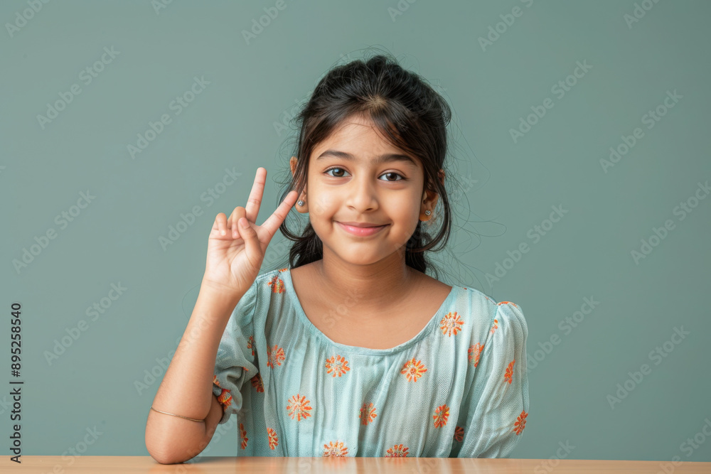 Indian asian small girl showing peace sign
Indian asian small girl showing peace sign